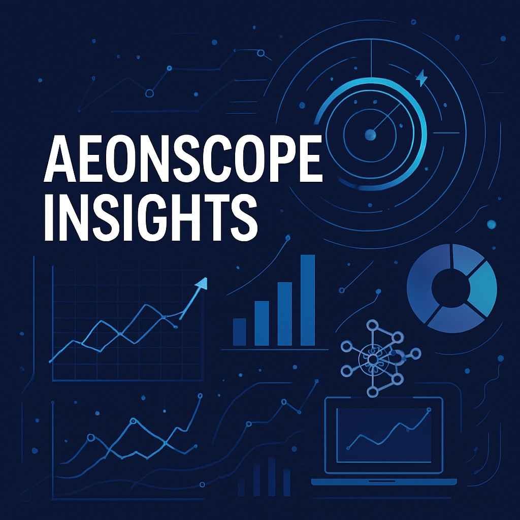 Blue graphic with data charts, graphs, and a laptop, titled 'Aeonscope Insights'. 