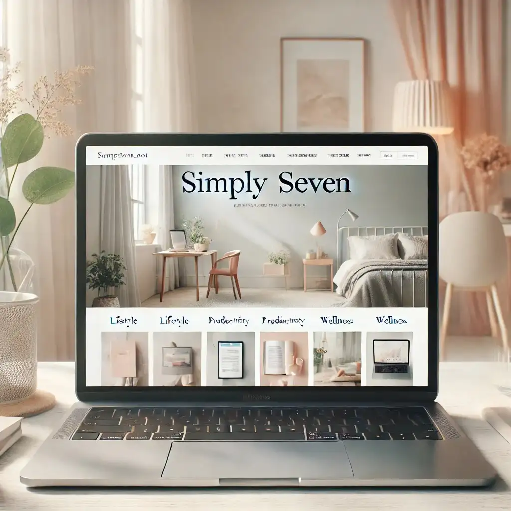 A laptop displaying the 'Simply Seven' website with sections on lifestyle, productivity, and wellness.