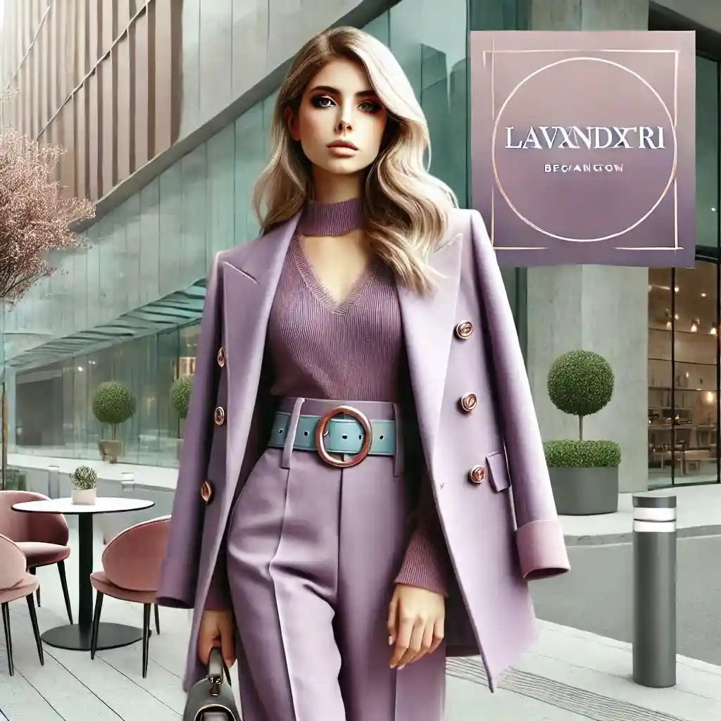 Woman in a lavender suit with a blue belt, posing in an urban setting with modern furniture.