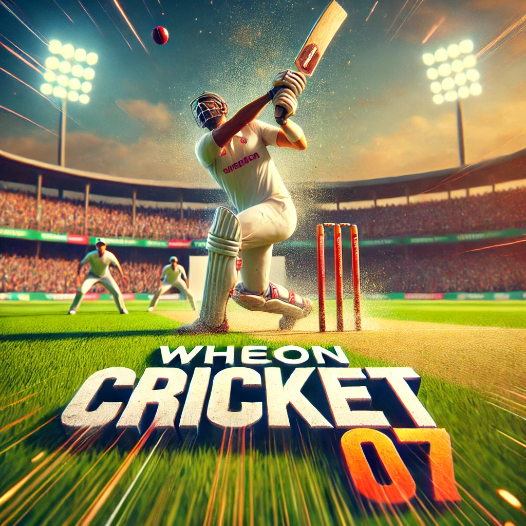 A cricketer swings a bat at a ball, with stadium lights shining and players in the background. The text reads "Wheon Cricket 07."