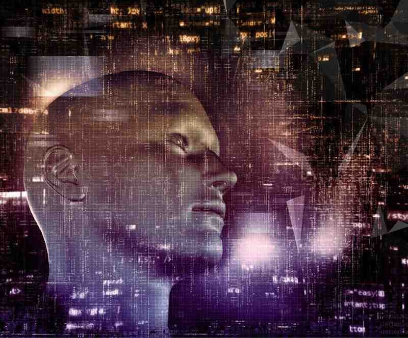 A digital face is blended with codes and patterns, suggesting technology and artificial intelligence.