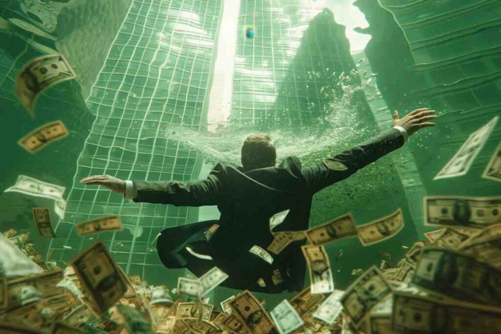 A man in a suit swims underwater amidst floating dollar bills, surrounded by green water. 
