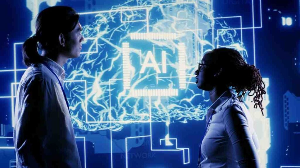 Two people looking at a glowing AI interface with blue digital graphics.