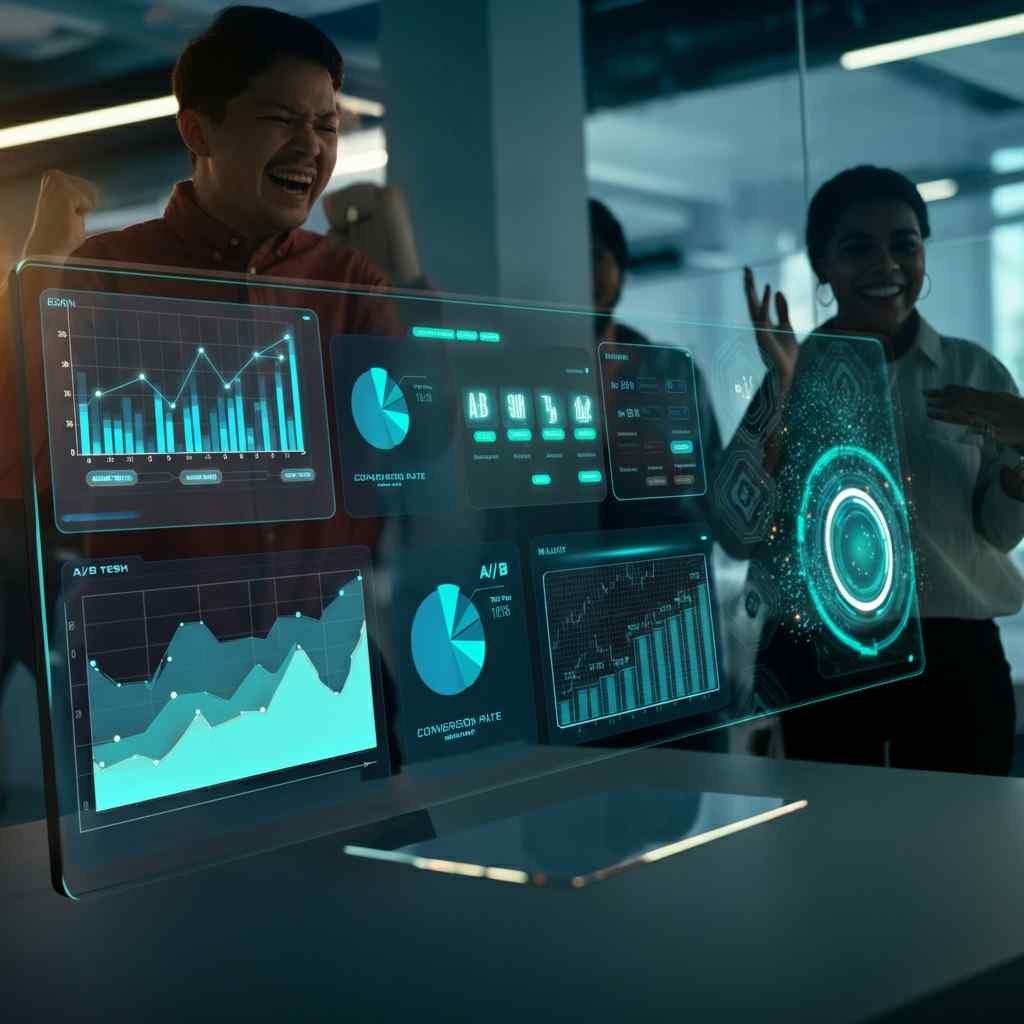 A team celebrates success in front of a futuristic digital display showing graphs and statistics.