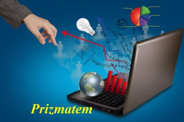 A hand reaches toward a laptop displaying graphs, a globe, and light bulbs, with the word 'Prizmatem' below.